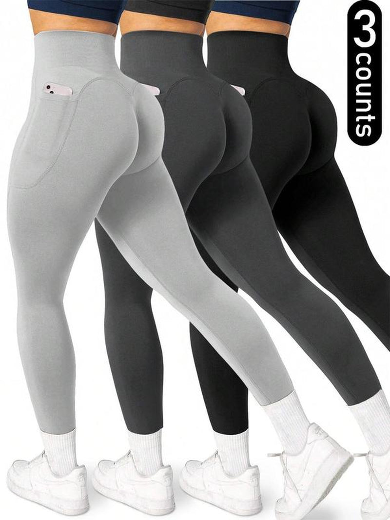 Women'S Solid High Waist Pocket Sports Leggings, Gym Fitness Leggings, Sporty Comfy Breathable Skinny Pants for Yoga Gym Workout, Ladies Sportswear for All Seasons