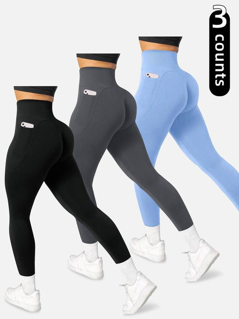 Women'S Solid High Waist Pocket Sports Leggings, Gym Fitness Leggings, Sporty Comfy Breathable Skinny Pants for Yoga Gym Workout, Ladies Sportswear for All Seasons