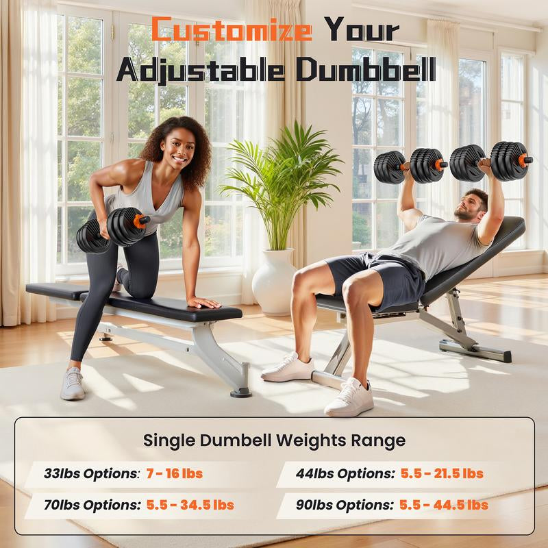 Adjustable Dumbbell Set, 33/44/70/90Lbs Multi-Forms as Barbell, Kettlebell, Push up Stands and Weight Plates, 5 In1 Versatile Dumbbell Set for Full-Body Exercises for Home Gym