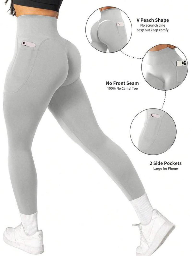 Women'S Solid High Waist Pocket Sports Leggings, Gym Fitness Leggings, Sporty Comfy Breathable Skinny Pants for Yoga Gym Workout, Ladies Sportswear for All Seasons