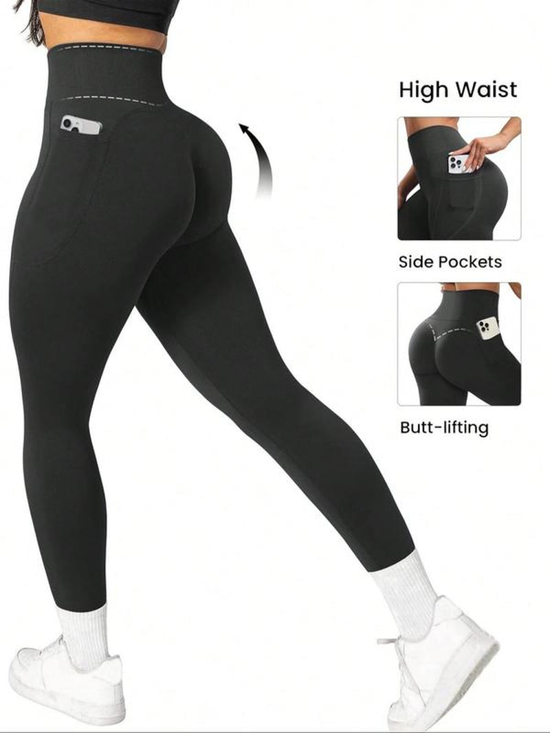 Women'S Solid High Waist Pocket Sports Leggings, Gym Fitness Leggings, Sporty Comfy Breathable Skinny Pants for Yoga Gym Workout, Ladies Sportswear for All Seasons